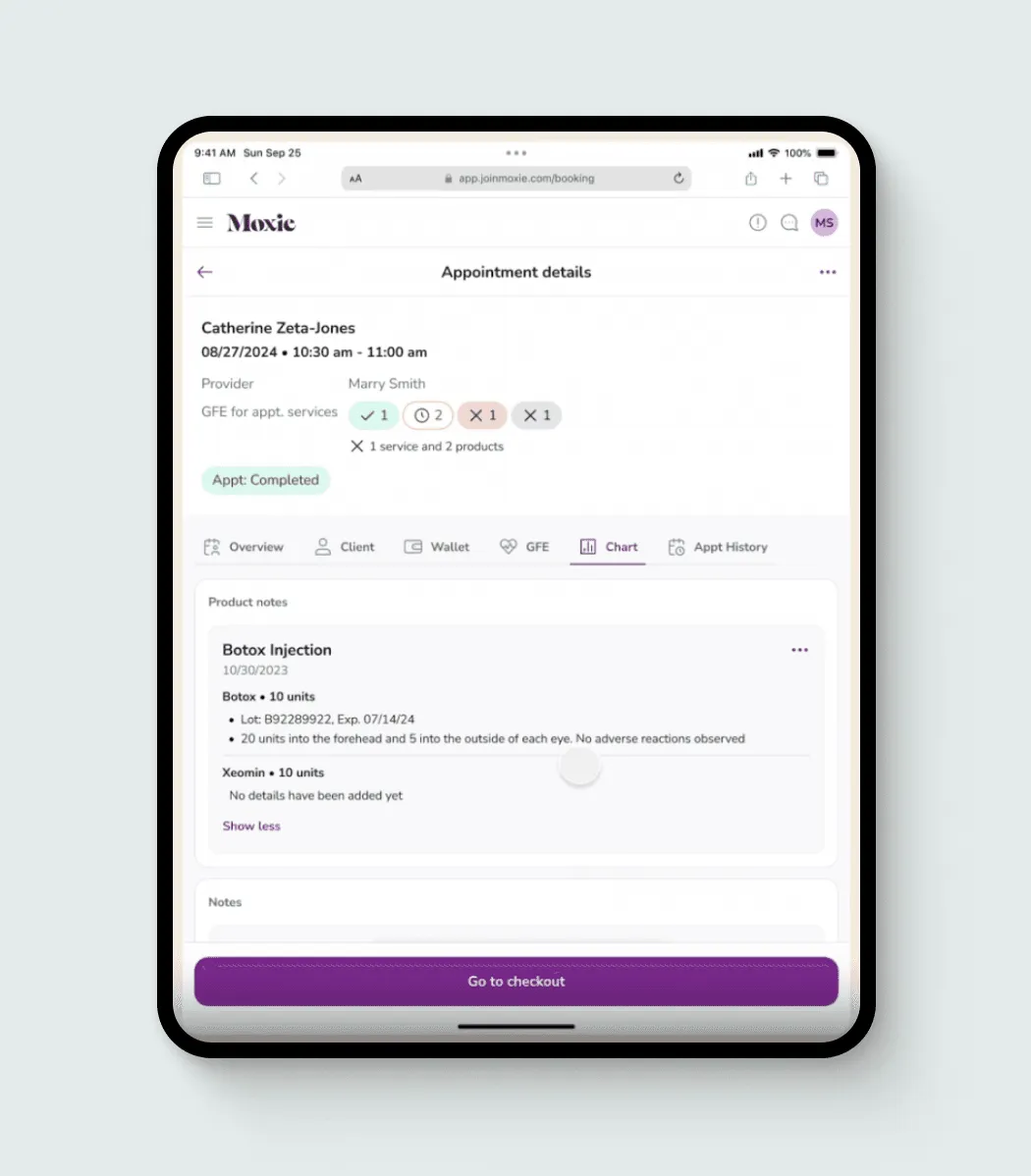 Moxie appointment chart screen with treatment notes and checkout