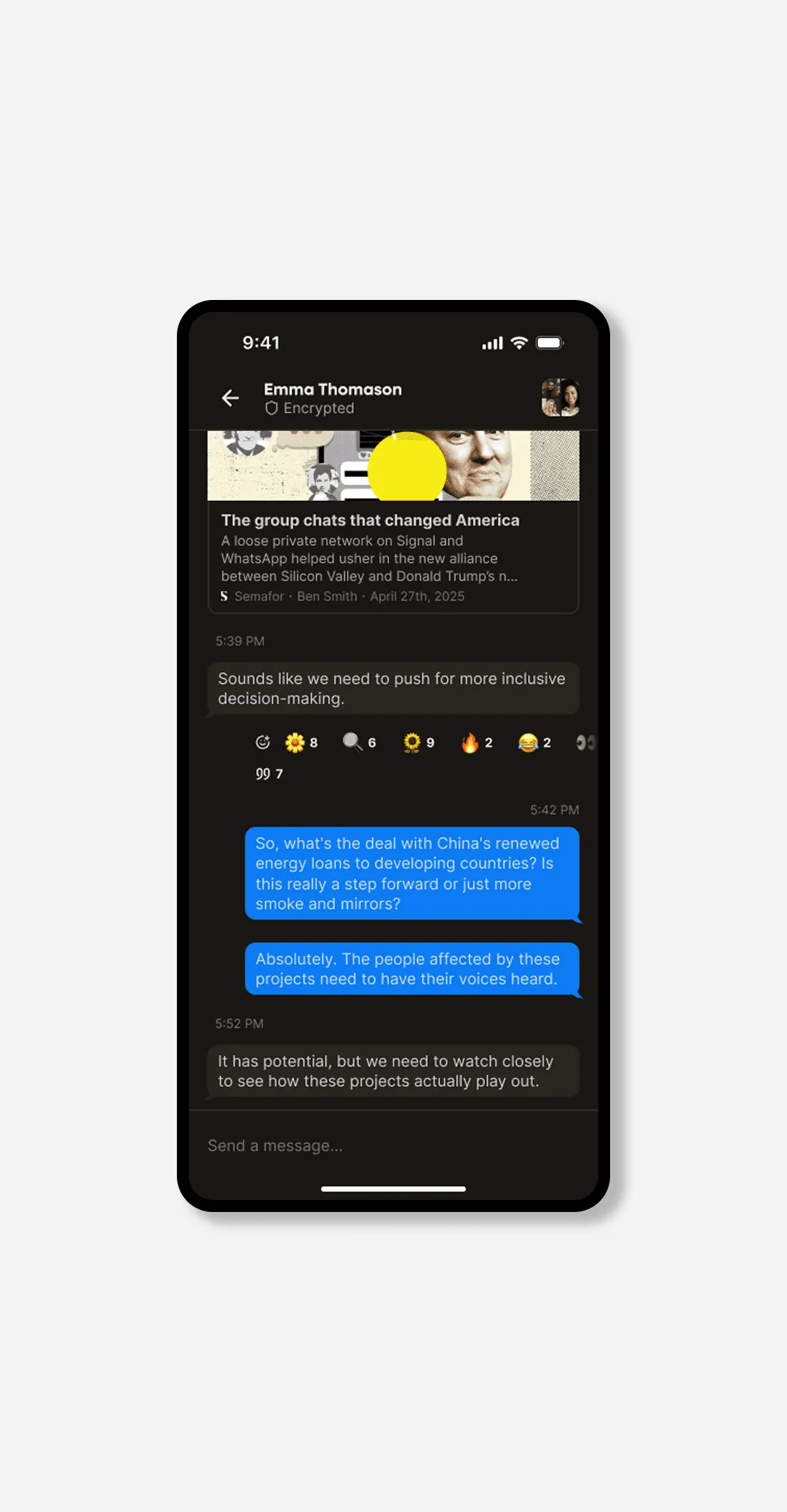 Dark chat screen sharing an article card and a discussion about China's renewable energy loans