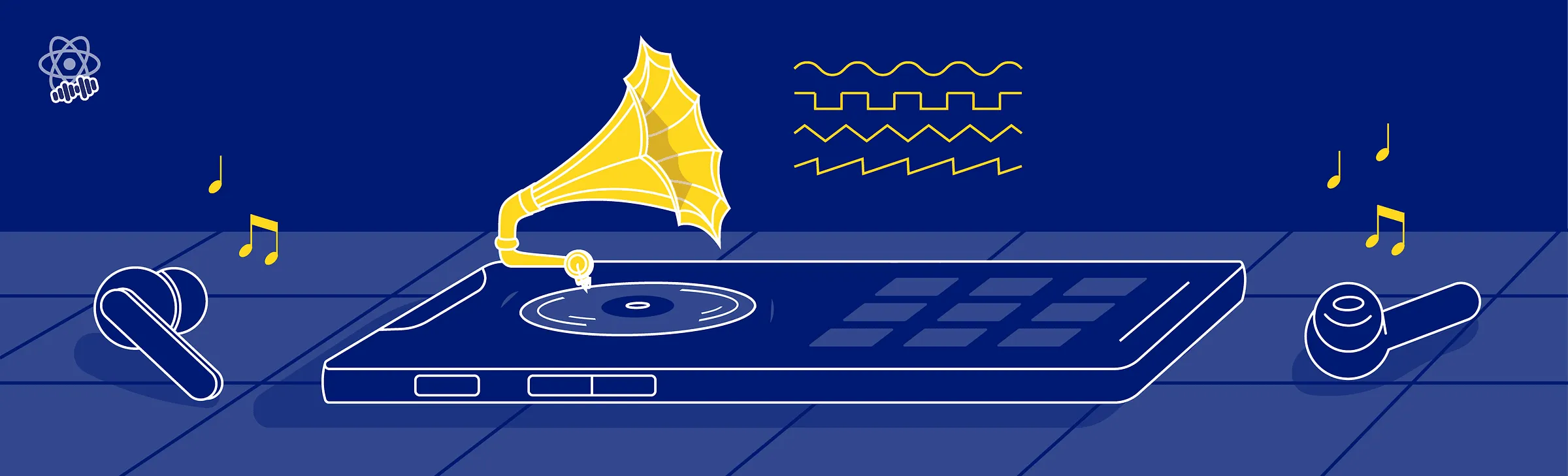 Smartphone turntable with a gramophone horn, earbuds, and floating music notes