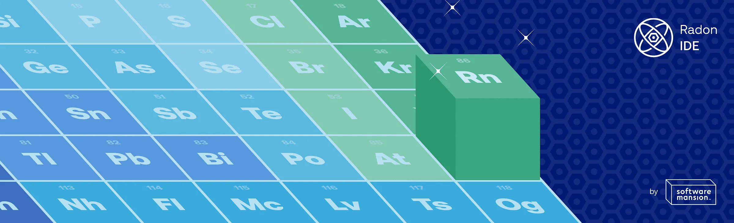 Periodic-table illustration with a highlighted Rn block and Radon IDE logo