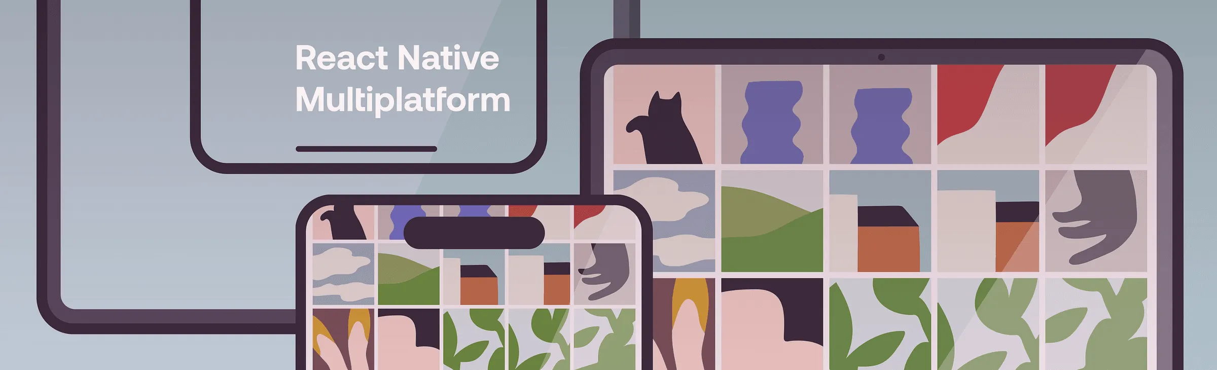 React Native Multiplatform cover with phone and desktop photo grids
