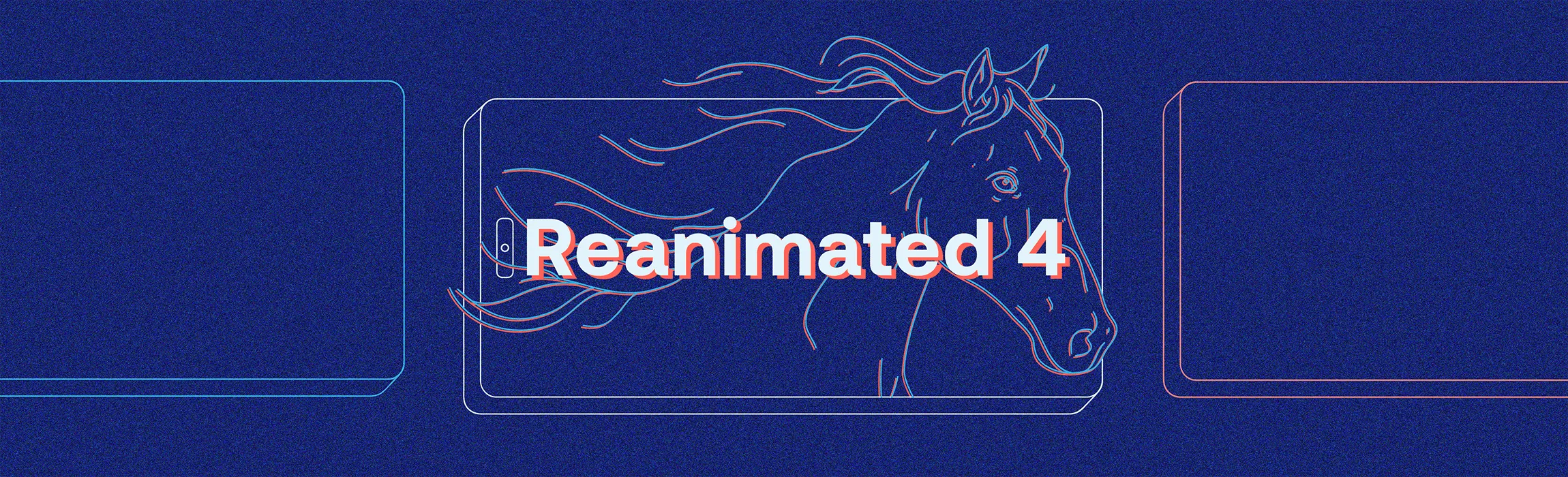 Reanimated 4 title over a phone outline with a line-art horse