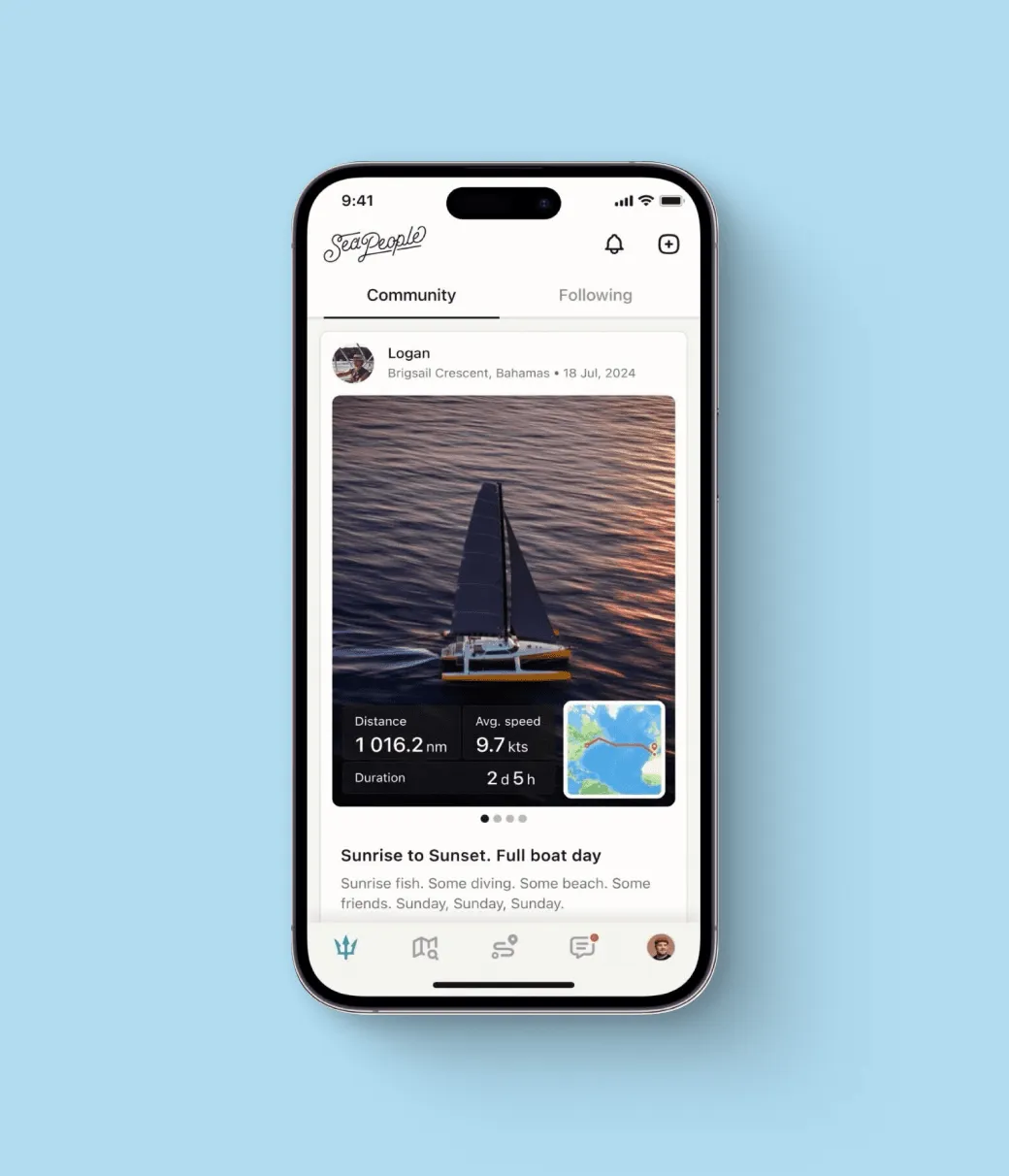 SeaPeople community feed screen showing a sailing post with trip stats and a route map
