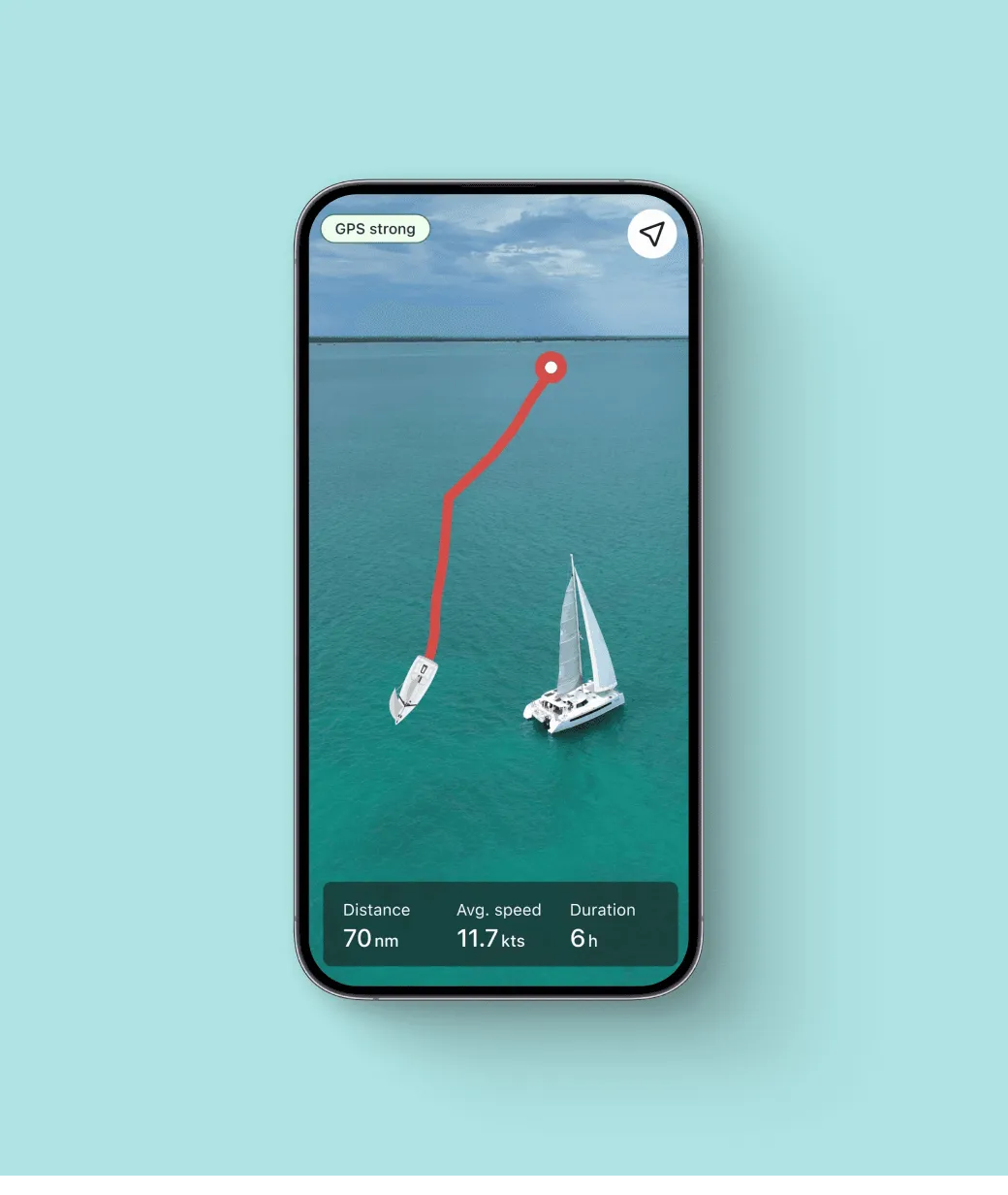 SeaPeople trip screen showing a recorded sailing route with distance, average speed, and duration